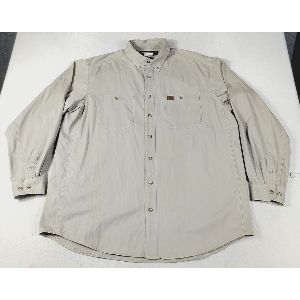 Wrangler Riggs Workwear Shirt Mens 2XLT Beige Twill Long Sleeve Button Down